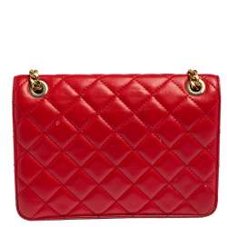 Pre Owned Moschino Red Quilted Leather Logo Flap Shoulder Bag
