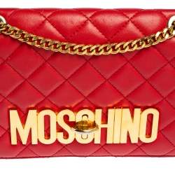 Pre Owned Moschino Red Quilted Leather Logo Flap Shoulder Bag