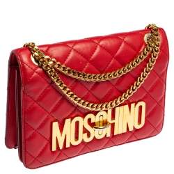 Pre Owned Moschino Red Quilted Leather Logo Flap Shoulder Bag