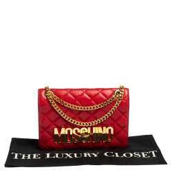 Pre Owned Moschino Red Quilted Leather Logo Flap Shoulder Bag