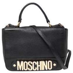 Moschino Black Leather Logo Flap Top Handle Bag