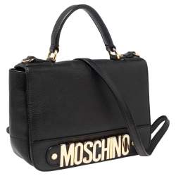 Moschino Black Leather Logo Flap Top Handle Bag