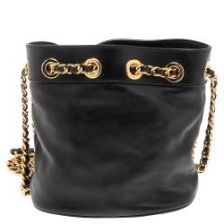 Pre Owned Moschino Black Leather Logo Chain Bucket Bag