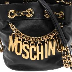 Pre Owned Moschino Black Leather Logo Chain Bucket Bag