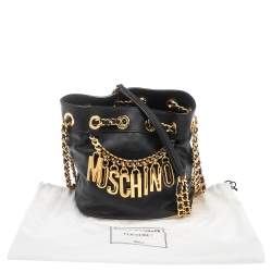 Pre Owned Moschino Black Leather Logo Chain Bucket Bag
