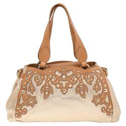 Pre Owned Moschino Metallic Gold/Brown Leather Studded Satchel