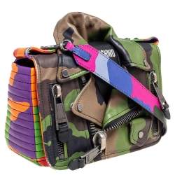 Pre Owned Moschino Multicolor Camouflage Leather Biker Jacket Crossbody Bag