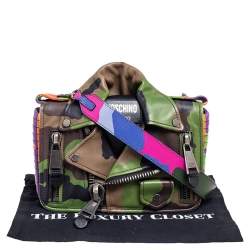 Pre Owned Moschino Multicolor Camouflage Leather Biker Jacket Crossbody Bag