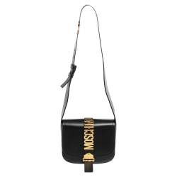 Moschino Black Leather Logo Belt Strap Crossbody Bag