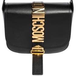 Moschino Black Leather Logo Belt Strap Crossbody Bag