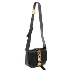 Moschino Black Leather Logo Belt Strap Crossbody Bag