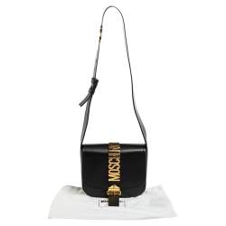 Moschino Black Leather Logo Belt Strap Crossbody Bag