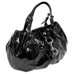 Pre Owned Moschino Black Pleated Patent Leather Flap Hobo