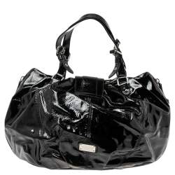Pre Owned Moschino Black Pleated Patent Leather Flap Hobo