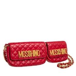 Pre Owned Moschino Red Quilted Leather Logo Turnlock Chain Pochette