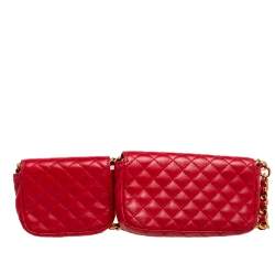 Pre Owned Moschino Red Quilted Leather Logo Turnlock Chain Pochette