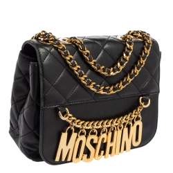 Moschino Black Quilted Leather Logo Chained Shoulder Bag 