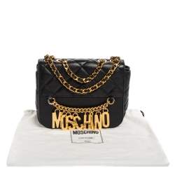 Moschino Black Quilted Leather Logo Chained Shoulder Bag 
