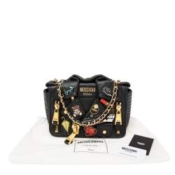 Pre Owned Moschino Black Leather Biker Jacket Embellished Shoulder Bag