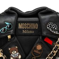 Pre Owned Moschino Black Leather Biker Jacket Embellished Shoulder Bag