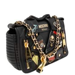 Pre Owned Moschino Black Leather Biker Jacket Embellished Shoulder Bag