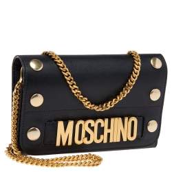 Pre Owned Moschino Black Leather Logo Flap Wallet on Chain