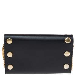 Pre Owned Moschino Black Leather Logo Flap Wallet on Chain