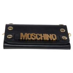 Pre Owned Moschino Black Leather Logo Flap Wallet on Chain