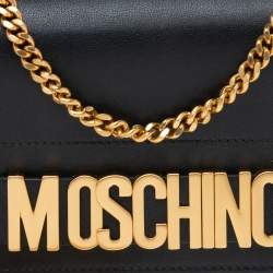 Pre Owned Moschino Black Leather Logo Flap Wallet on Chain