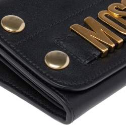 Pre Owned Moschino Black Leather Logo Flap Wallet on Chain