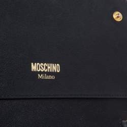 Pre Owned Moschino Black Leather Logo Flap Wallet on Chain