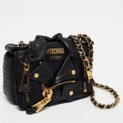 Pre Owned Moschino Black Leather Biker Jacket Crossbody Bag