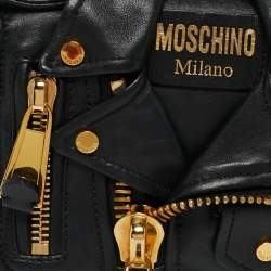 Pre Owned Moschino Black Leather Biker Jacket Crossbody Bag
