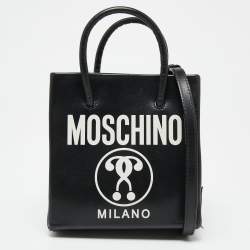 Pre Owned Moschino Black/White Leather Logo Vertical Tote