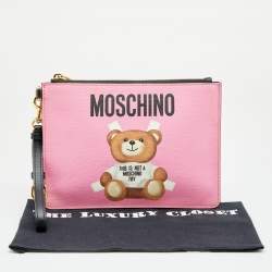Pre Owned Moschino Pink Leather Teddy Bear Zip Pouch
