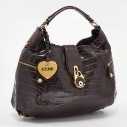 Pre Owned Moschino Dark Brown Croc Embossed Leather Hobo
