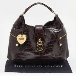 Pre Owned Moschino Dark Brown Croc Embossed Leather Hobo