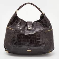 Pre Owned Moschino Dark Brown Croc Embossed Leather Hobo