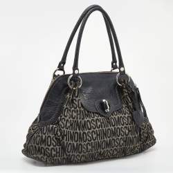 Pre Owned Moschino Black/Beige Leather And Logo Canvas Satchel