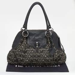 Pre Owned Moschino Black/Beige Leather And Logo Canvas Satchel