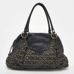 Pre Owned Moschino Black/Beige Leather And Logo Canvas Satchel