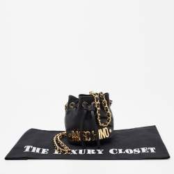 Pre Owned Moschino Black Leather Mini Logo Drawstring Bucket Bag