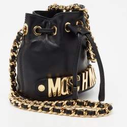 Pre Owned Moschino Black Leather Mini Logo Drawstring Bucket Bag