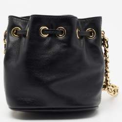 Pre Owned Moschino Black Leather Mini Logo Drawstring Bucket Bag