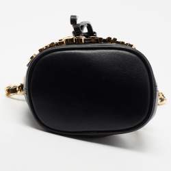 Pre Owned Moschino Black Leather Mini Logo Drawstring Bucket Bag