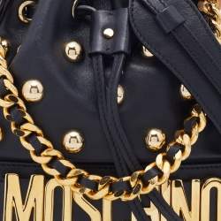 Pre Owned Moschino Black Leather Studded Drawstring Bucket Bag