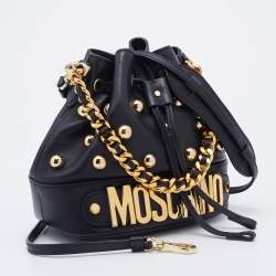 Pre Owned Moschino Black Leather Studded Drawstring Bucket Bag