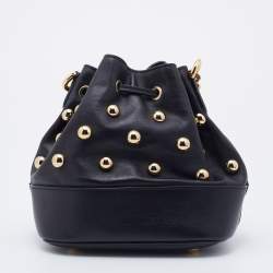 Pre Owned Moschino Black Leather Studded Drawstring Bucket Bag