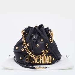Pre Owned Moschino Black Leather Studded Drawstring Bucket Bag