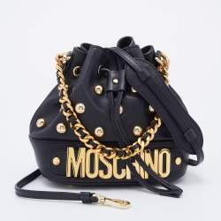 Pre Owned Moschino Black Leather Studded Drawstring Bucket Bag